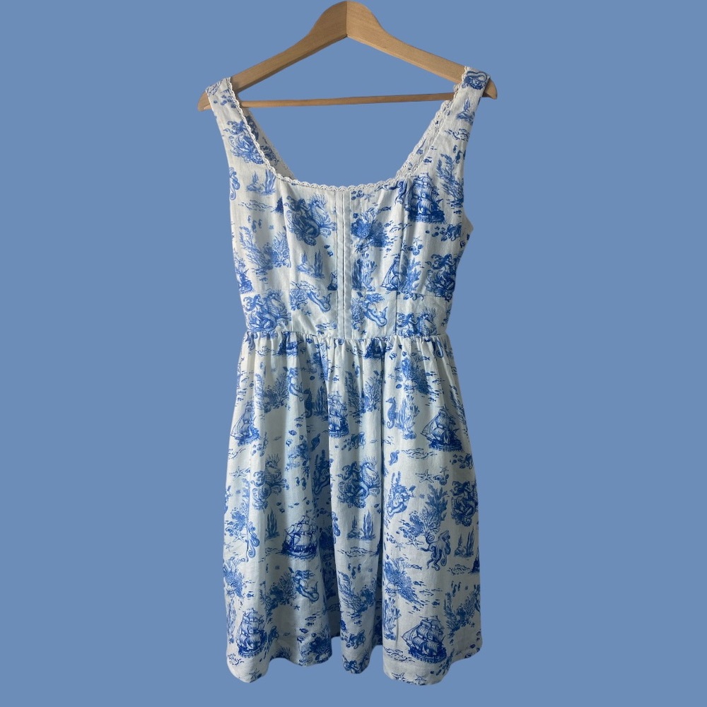 7 For All Mankind Ocean Toile Print Linen Skater Dress With Pockets!